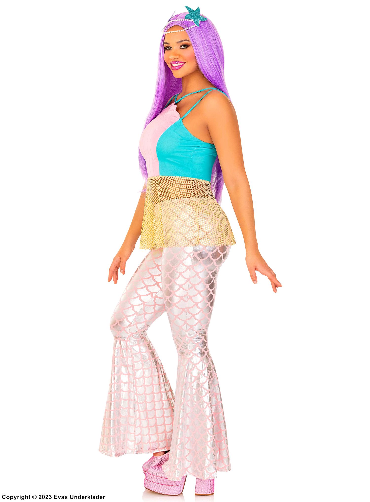 Disco mermaid, costume top and pants, small fishnet, fish scales
